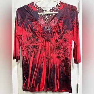 One World Live and Let Live Reddish Burgundy & Black Lace Yoke Tunic Top XL
